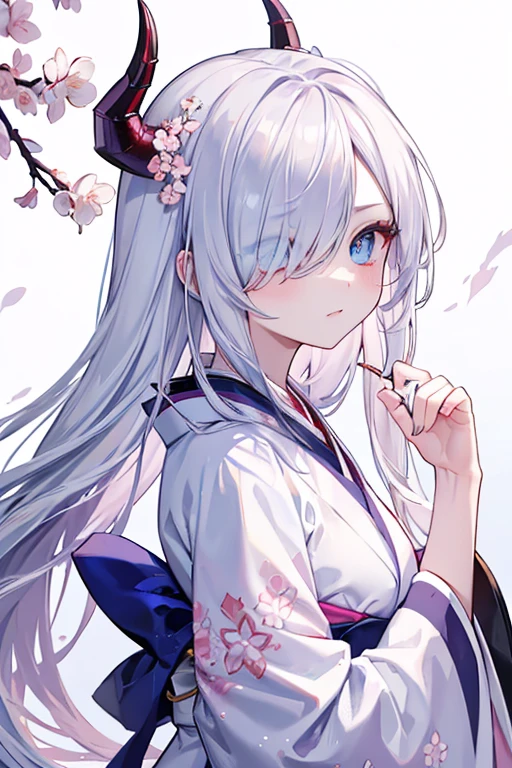 (masterpiece), high quality, perfect face, detailed eyes, perfect hands, (dragon woman), feminine, elegant, (heterochromatic eyes), (serious expression), (curved blue horns), long silver hair, (wearing white and pastel blue elegant kimono), (cherry blossom background:1.2), (side view), (looking at the viewer), (snowy background), Beautiful eyes, shining eyes, super detailed, perfect eyes, glowing eyes, (hair over one eye:1.2), nice hands, perfect hands