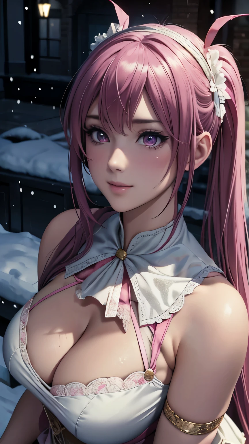 pink eyes, (highest quality, masterpiece painting:1.3), immature woman, , (half body shot), masterpiece, ultra high resolution, (Photoreal:1.0), pink hair, pigtails, straight hair, beautiful shining hair, white and shining skin, ((Ultra realistic details)), octane rendering, highly detailed face, (big breasts:0.8), She wears stunning costumes inspired by Belle Époque style, flowing gold dress decorated with lace and ribbons, (clothing: gold belle époque dress with lace and ribbons),cleavage, perfect body, soft skin, anime face, perfect face, perfect eyes, looking at the viewer, smart, snow scene, ((snow falling)), ((fantastic night)), ((outdoors)), sharp focus, intricate details, professional artwork, (bright colors:1.1), bright colors, diffused lighting, digital blending, ultra-definition body, ultra detail hair, super detailed face, that'It's trending on pixiv, top button open, Cute gaze, compensate, perfect lips, perfect compensate, Ultra-precision coating, (light_smile:0.8), (Very embarrassed:1.2), blush your nose,