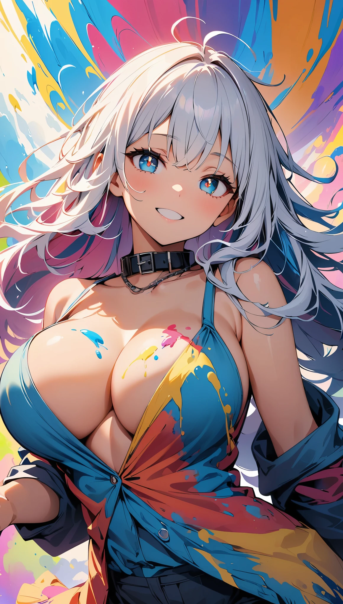 (high quality, 8k, 4k, high contrast, masterpiece:1.2, best quality, best aesthetics), (dynamic angle), ((floating, paint)), alone,1 female, ((big_chest)), (((detailed face))), ((beautiful and detailed face)), collar, bare shoulders, silver hair, ((colorful hair)),((striped hair)), (messy hair, long hair), detailed and beautiful eyes, (star-shaped pupil, +_+, pupil in the shape of a symbol, sparkling eyes), (open your mouth, smile), (((colorful background, ink splash:1.2))), (high color saturation), Surrounded by colorful splashes:1.3, surrounded by colorful dots, colorful bubble, shining,