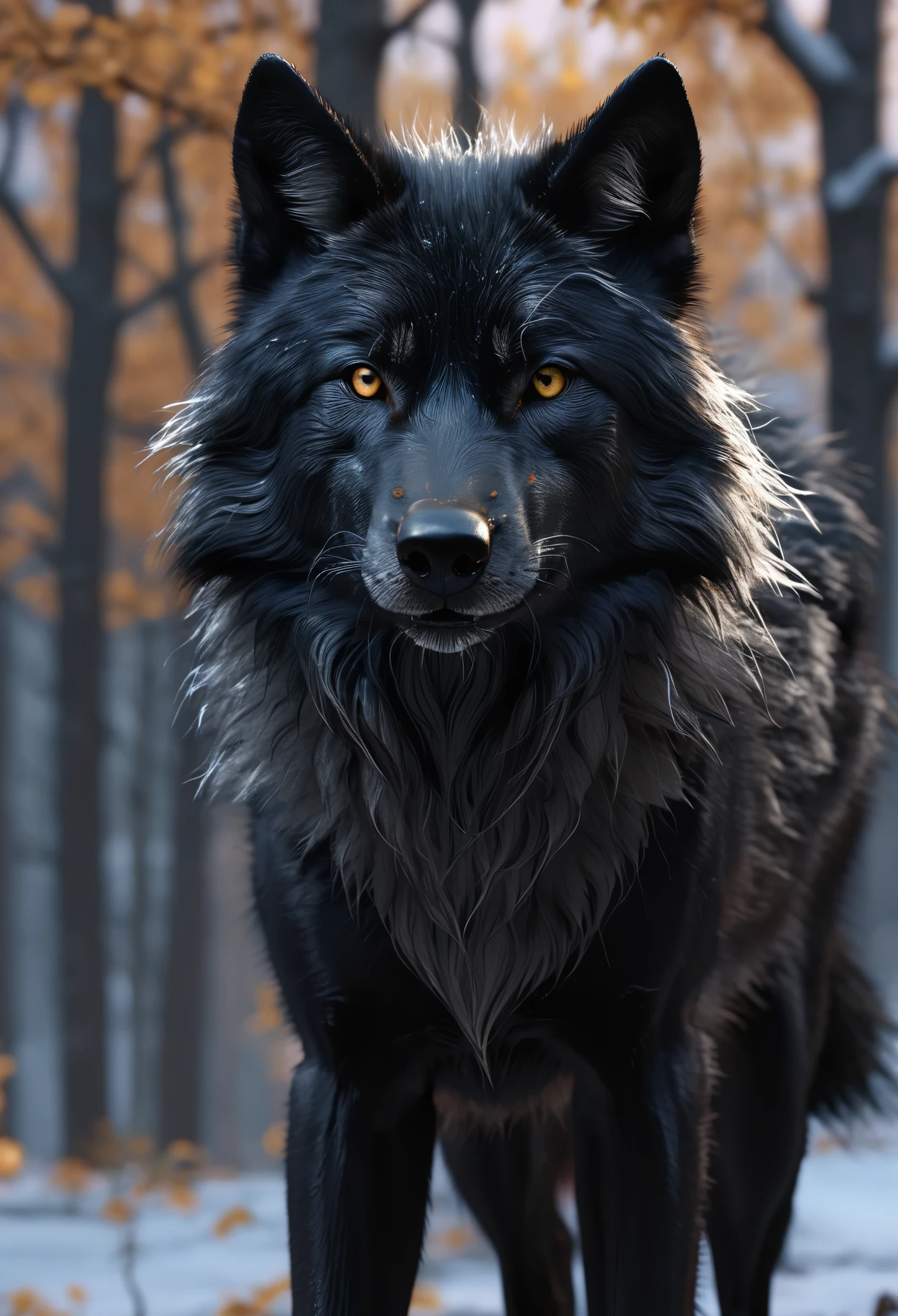Black Wolf, thick limbs, rough hair, black hair mixed with some light hair, rough hair, bloom, ((cold light)), sharp focus, photo realistic, detailed skin, background out of focus, cinematic composition , ultra-detailed, realistic , hyper-realistic , volumetric lighting, 8k, trending on artstation