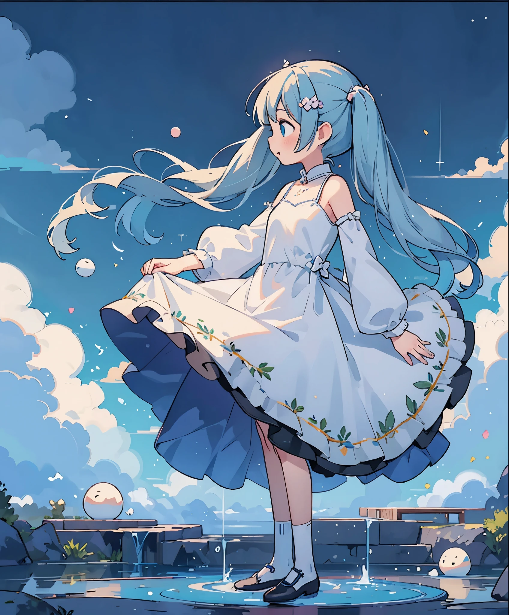 (masterpiece、highest quality、highest quality、official art、beautiful beautiful:1.2)、(1 girl:1.3)Hatsune Miku、twin tails,big breasts,1 girl, dress, moon, alone, Are standing, bubble, profile, silhouette, water, reflection, long hair, very long hair, hair ornaments, white dress, bare shoulders, removed sleeve, blue hair, From the side, full body, wide sleeve, gray hair