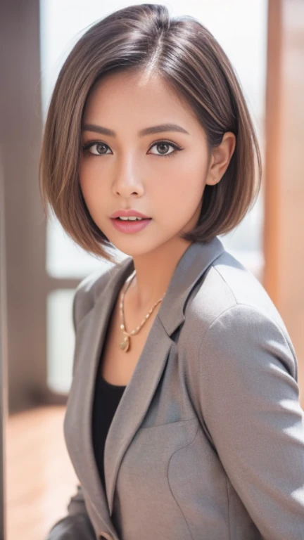 (Masterpiece,Top Quality),1girl,(Photorealistic:1.1),tanned skin,30 years old,double eyelid,((gray suit)),wearing a shirt,(extra short hair),necklace,ultra real,shining eyes,beautiful woman,bar background,eye shadow,eyeliner,realistic eyes,look at the viewer,detailed face,(photorealistic),(raw photo),sexy look,pink lips,even tone,use natural light and color