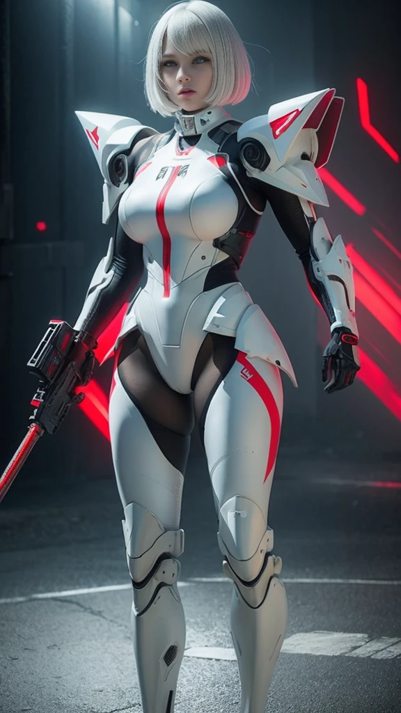 A digital illustration of a white mecha suit with short bob hairstyle, white hair, (full body length), (super cuteness), (super beautiful face), 32k UHD, C4D style, octane render, sharp focus, complex details, perfect details, highest resolution, Show shoes, 1 girl, solo, RAW, photo realistic of face, CG game art, wearing white armor and helmet, beautiful eyes. The background is a dark grey with neon red accents, creating an eerie atmosphere, The art style is inspired in the style of GG game artstyle, with a high contrast between light and shadow and futuristic elements. It is a digital art piece with a dark fantasy theme, vibrant colors, and sharp details.