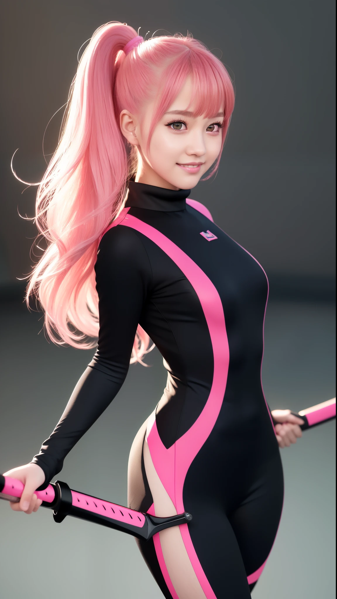 ulzzang-6500-v1.1, (raw photos: 1.2), ((photorealistic: 1.4)), top quality, masterpiece, illustration, very delicate and beautiful, highly detailed CG, unity, 8k wallpaper, amazing, fine details, official art, highly detailed Unity 8k CG wallpaper, absurd, incredibly absurd, huge file size, ultra detail, high resolution, beautiful detailed girl, very detailed black eyes and face, beautiful detailed black eyes, facial light, film lighting, ((Very Pink Tight Suit Clothes)), 1 girl, full body, full body photo, ((light red hair))、black eyes ((happinesore detailed background, ((student uniform )), (smile), (smile), Double Tail, Long Sword, 