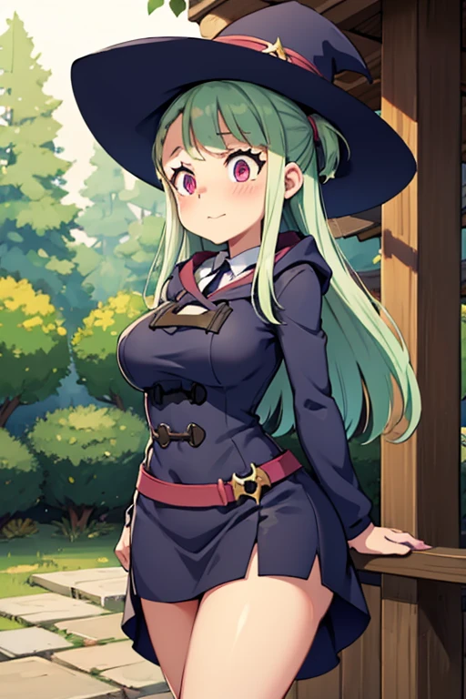 a light green haired female witch with pink eyes with an hourglass figure wearing a  conservative Victorian dress is blushing in the early morning sun