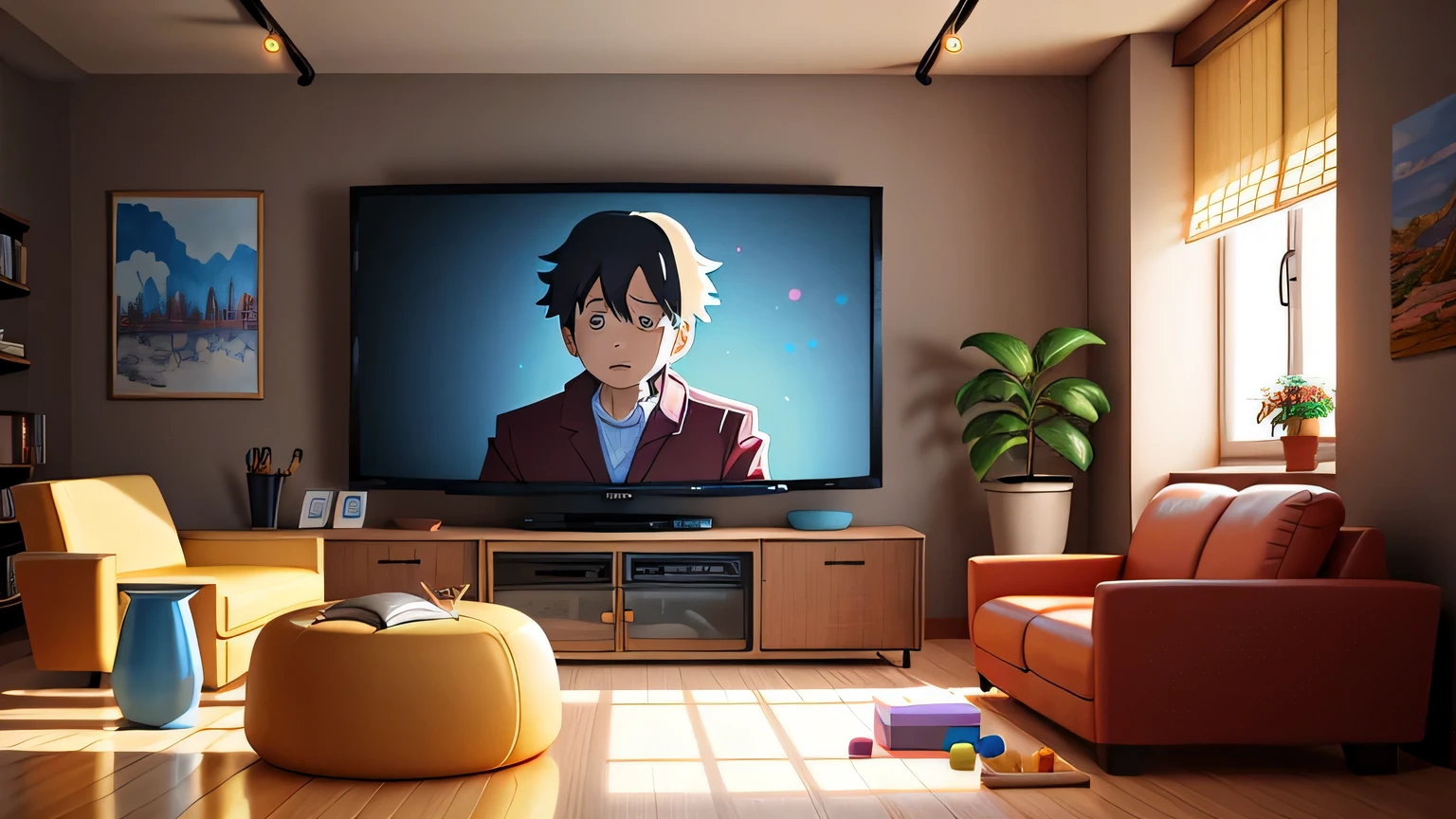 background, drawing, in this anime-style living room, warm and bright ambiance, accentuated by the presence of a television casting blurred shadows of people, adding a mysterious and intriguing touch, Vibrant colors and abundant brightness bring a welcoming and lively atmosphere to the room, Concept Artistic animation scene, Studio Ghibli style