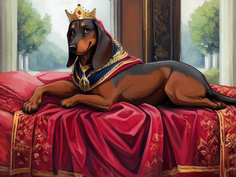 there is a dog that is laying on a romain bed , dachshund, looking from side, proud looking away, doing a majestic pose, doing an elegant pose, with a king crown and royale cape