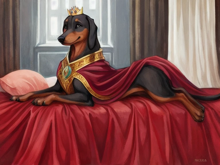 there is a dog that is laying on a romain bed , dachshund,  looking from side, proud looking away, doing a majestic pose, doing an elegant pose, with a king crown and royale cape