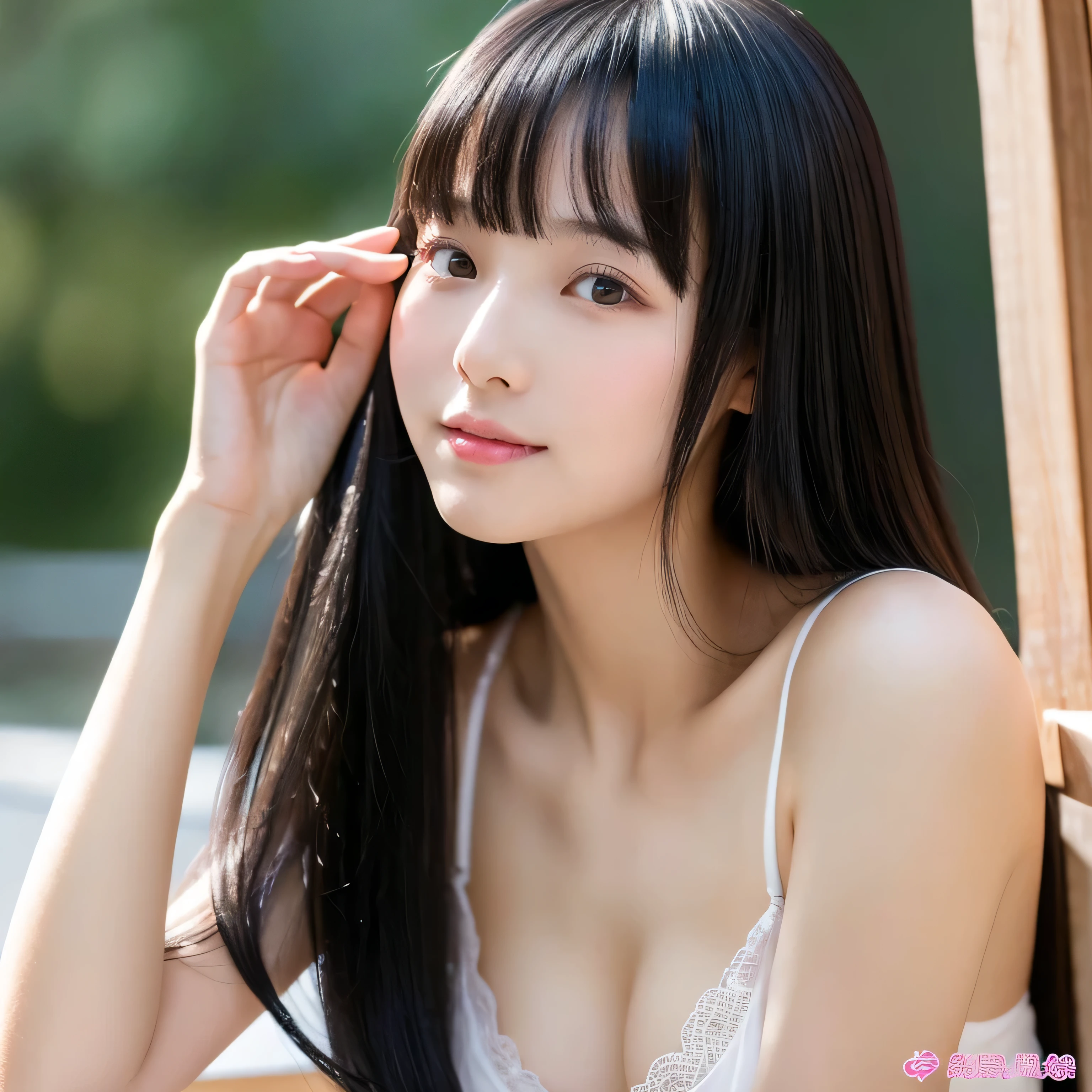1 female The cutest 12 year old girl in Japan((highest quality)), ((masterpiece)), (get used to it), perfect face Japan'cutest middle school girl (sway back stance) ((cowboy shot)) ((Unusually long and lustrous、silky、Perfectly knowledgeable、Perfect Silky、detailed、Perfectly straight, extremely long, jet black hair)) Abnormally long, beautiful black hair (solid bangs The neatly trimmed bangs are princess cut and cover the entire forehead.) white lingerie (big breasts 1.4) sensual look (narrow mouth) Lips slightly pink Professional sexy make-up Mascara is applied neatly Extremely long, straight black hair Abnormally wavy black hair