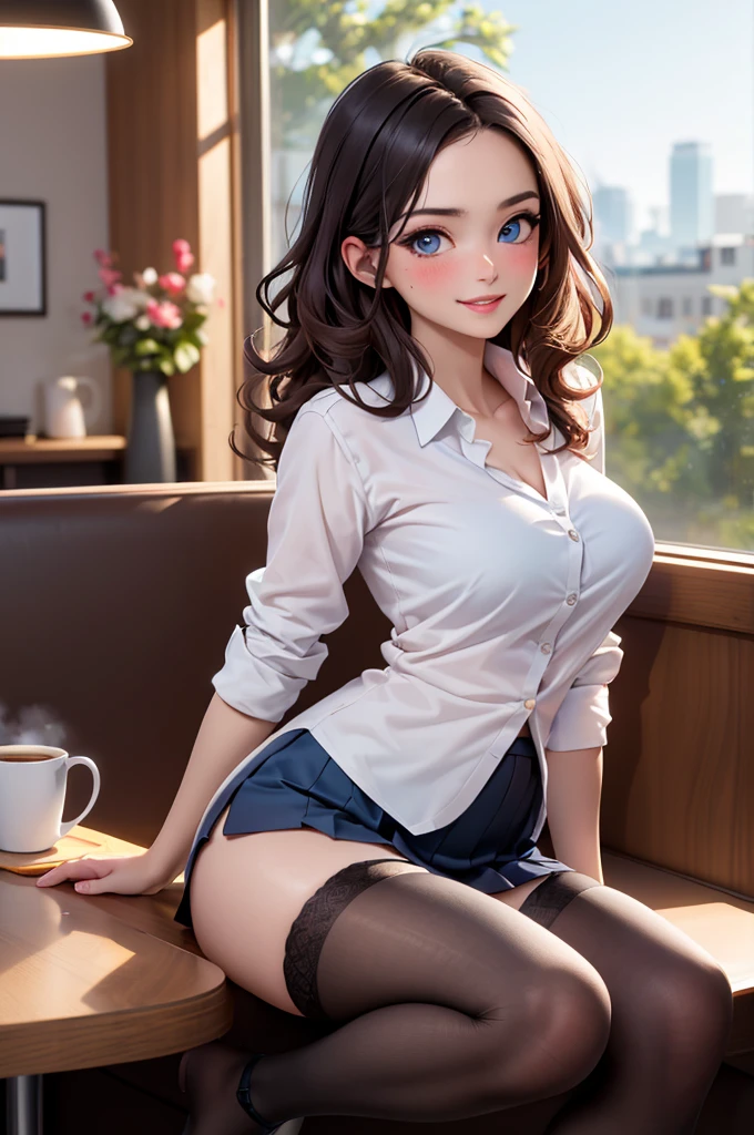 best quality, whole body, Long range shooting, a japanese girl, perfect face, Exquisite facial features, masterpiece, (dark blue gem eyes, brown hair, Long curly hair, Pink moist glossy lips), ((cute appearance)), ((perfect body shape, Mature, Sexy)), Slender legs, smooth skin, (In a coffee shop, Sit in the window seat, Soft indoor lighting, movie lighting, High contrast side light outside the window), Seductive Stance, sideways, facing the audience, medium large breasts, Shy, Sweet, in love, Smile, Place one hand on your chest, Embrace, blushing, white collar shirt, waist cardigan, Thrilling black lace thin underwear, nipple, roll up sleeves, Dark Blue Check Pleated Mini Skirt, dark stockings,