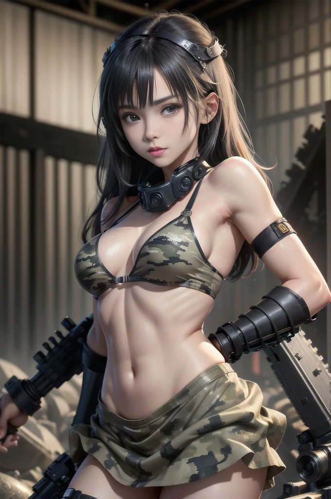 Ultra-realistic 16K,25 years old、7-Head Beauty、 realistic:1.4, skin texture:1.4, Top 1 ((Girl wearing grey digital camouflage bikini )),((gatling gun, shell casing)), looking at the viewer, bangs, ammunition belt, gloves,(beautiful middle breasts)、,firing,in the photo, Short, messy black hair、(A beautiful girl wearing a gray digital camouflage bikini appears),delicate face,wearing bikini metal,(stand on the ruins,Action of a woman holding a heavy sniper rifle in her hands)、(25 years old少尉のマークが入っている)、The skin is also dirty and sooty in places.、cle beige dress, army chain,warjet dslr camera background, f/2.8, 5D, 16K, super resolution . realistic style, Key Visual, lively,, usually means, realistic, (Grey digital camouflage, soldier, Striped camouflage makeup is applied to the face at a 45 degree angle., tough broad)