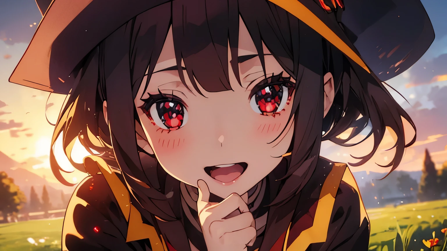 megumin,sexy detailed face,cute detailed face,extremely detailed eyes and face,long eyelashes,best quality,hdr,ultra-detailed,professional,vivid colors,portraits,warm tone,studio lighting, long shot, grass scenery 