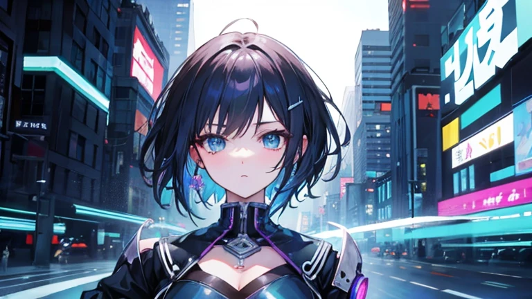 2d idol girl, big bust, (big bust), cyberpunk, 1 woman, digital, animated film메이션, shot, animated film메이션 여자, animated film, singer, 파란 shot, Short hair