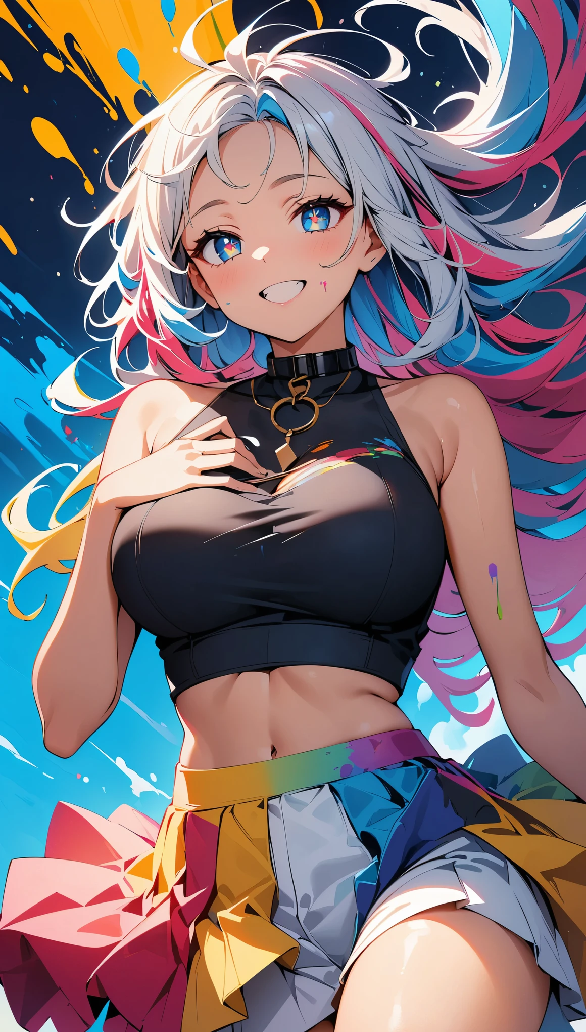 (high quality, 8k, 4k, high contrast, masterpiece:1.2, best quality, best aesthetics), (dynamic angle), ((floating, paint)), alone,1 female, ((big_chest)), (((detailed face))), ((beautiful and detailed face)), collar, bare shoulders, silver hair, Colorful cropped tops, ((colorful hair)), ((striped hair)), (messy hair, long hair), detailed and beautiful eyes, (star-shaped pupil, +_+, pupil in the shape of a symbol, sparkling eyes), (open your mouth, smile), (((colorful background, ink splash:1.2))), (high color saturation), Surrounded by colorful splashes:1.3, surrounded by colorful dots, colorful bubble, shining,