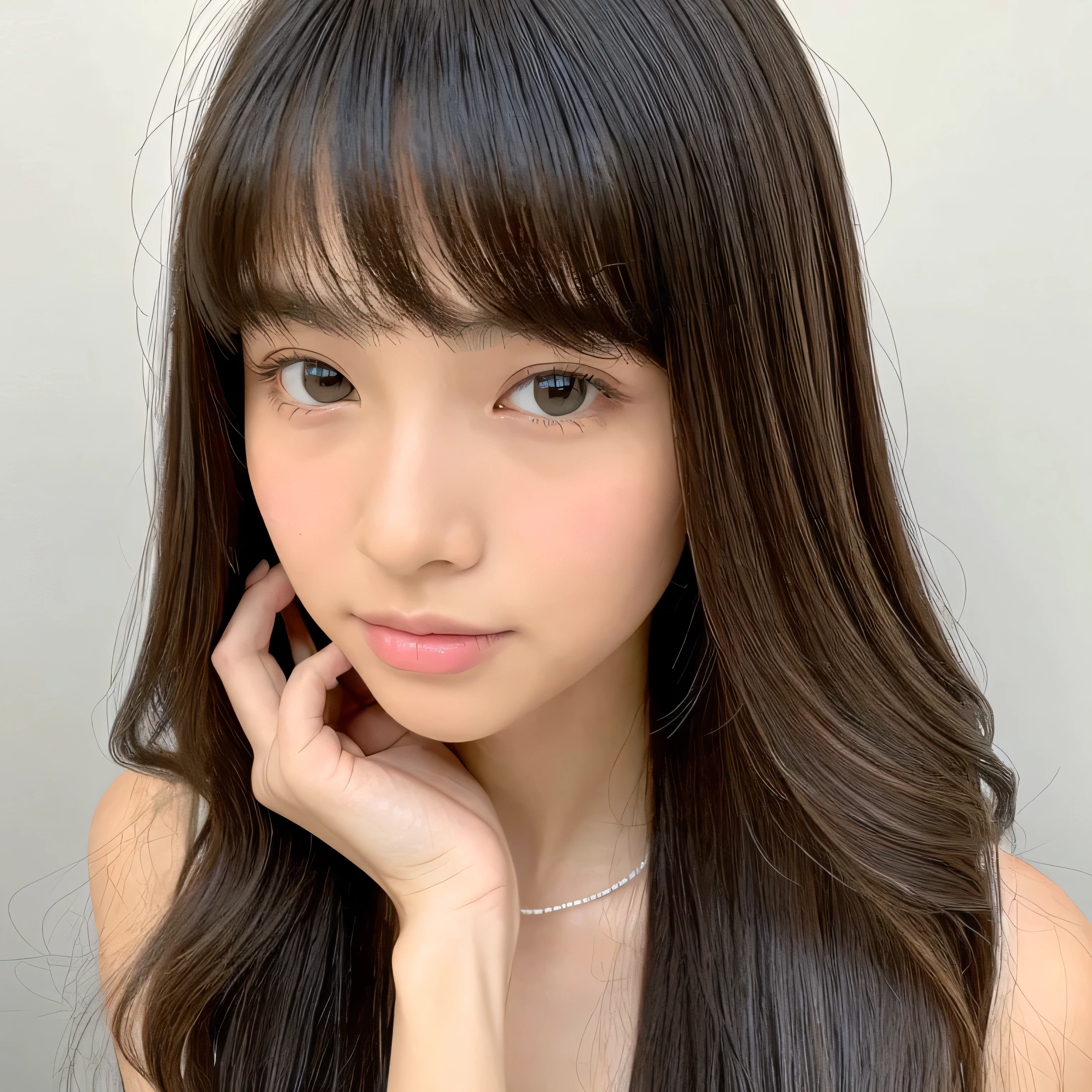 1 female Japan'cutest middle schooBody) (Busty) ((highest quality)), ((masterpiece)), (get used to it), perfect face ((Unusually long and lustrous、silky、Perfectly knowledgeable、Perfect Silky、detailed、Perfectly beautiful, extremely long, jet black hair)) Extremely long, straight, beautiful black hair Extremely long, beautiful wavy hair (solid bangs The neatly trimmed bangs are princess cut and cover the entire forehead.) White bikinies (sitting, indian style, (show pantie)) Perfect delicate skin The skin color is anatomically correct and beautiful. sensual look (narrow mouth) Lips are bright red Professional sexy make-up Mascara is applied neatly The hair overlaps both breasts Anatomically correct hand、foot、refer to Brush one's abnormally long hair back with one's hands Her hair color is light brown.