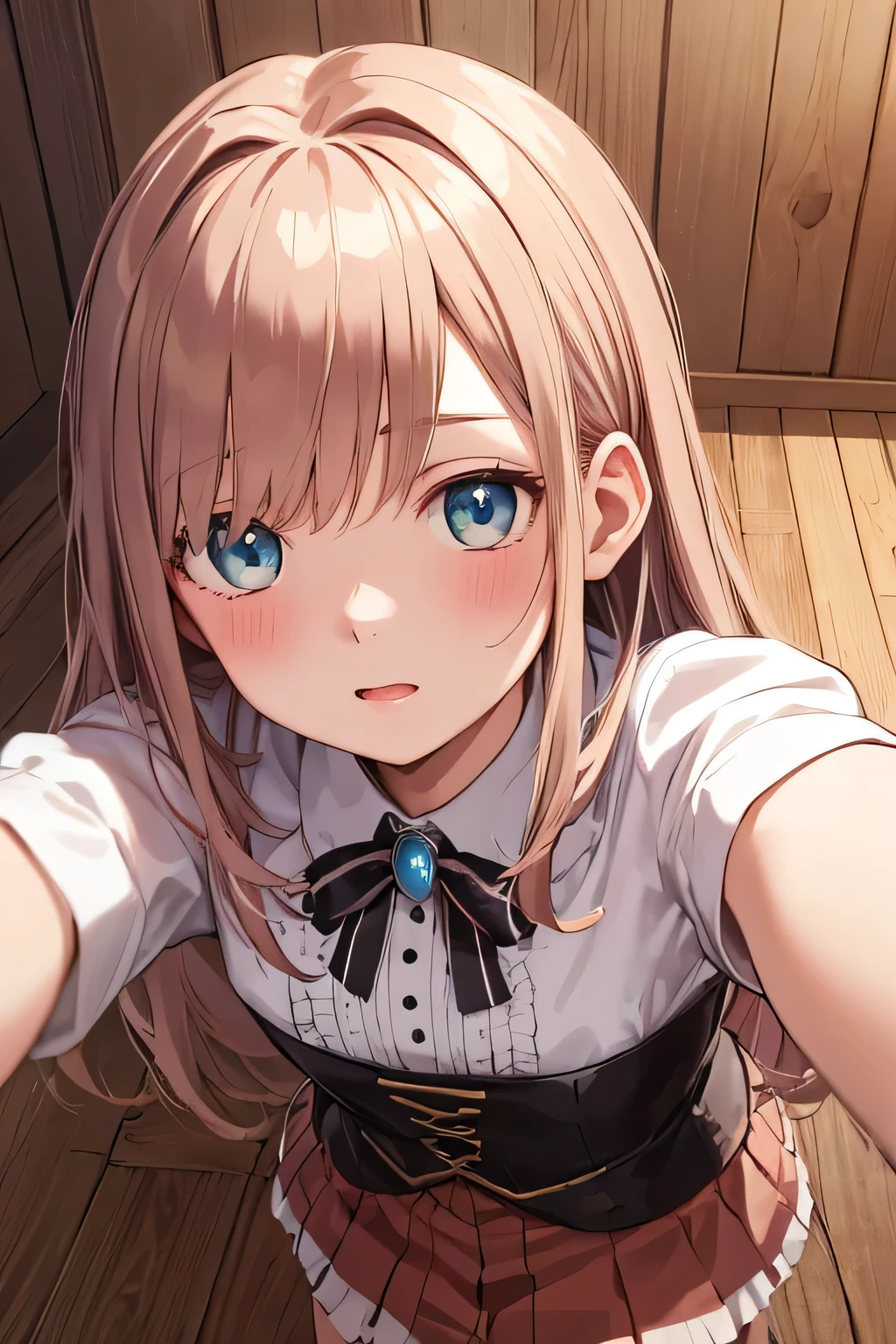 masterpiece、highest quality、Super detailed、4K、super fine illustration、Highly detailed beautiful face and eyes、professional lighting、Close-up、1girl、long hair、(upward facing eyes:1.2)、water eyes、fidgety、blush、shy、index fingers together、wooden floor、From above、