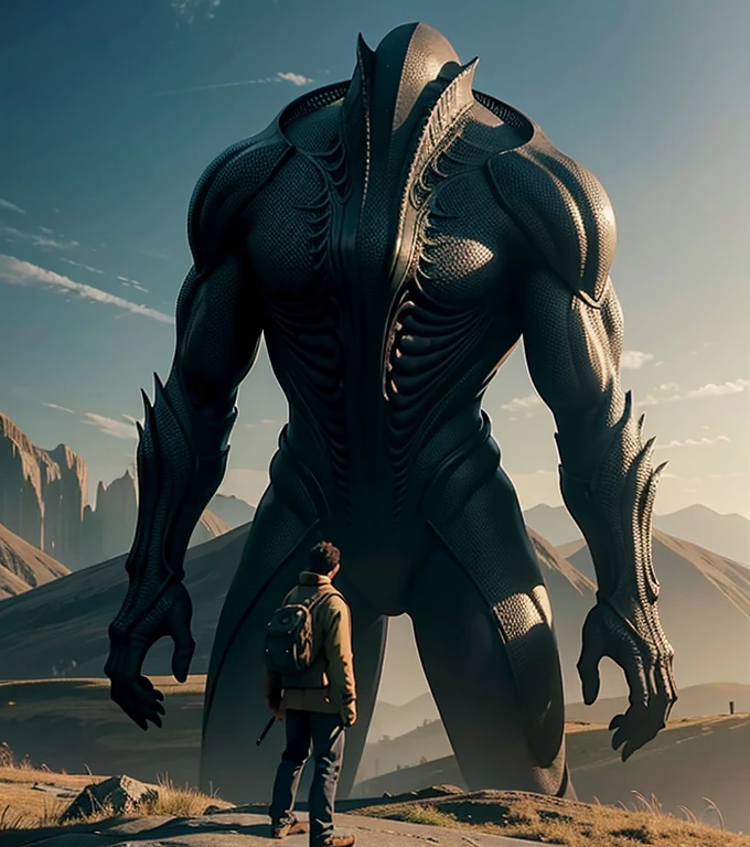 Highly detailed matte painting depicting a man admiring a giant alien monster on a hill, by makoto shinkai, by Art Germ, author: Wlop, Written by Greg Rutkowski, volume lighting, octane rendering, 4K resolution, Trending with ArtStation, masterpiece