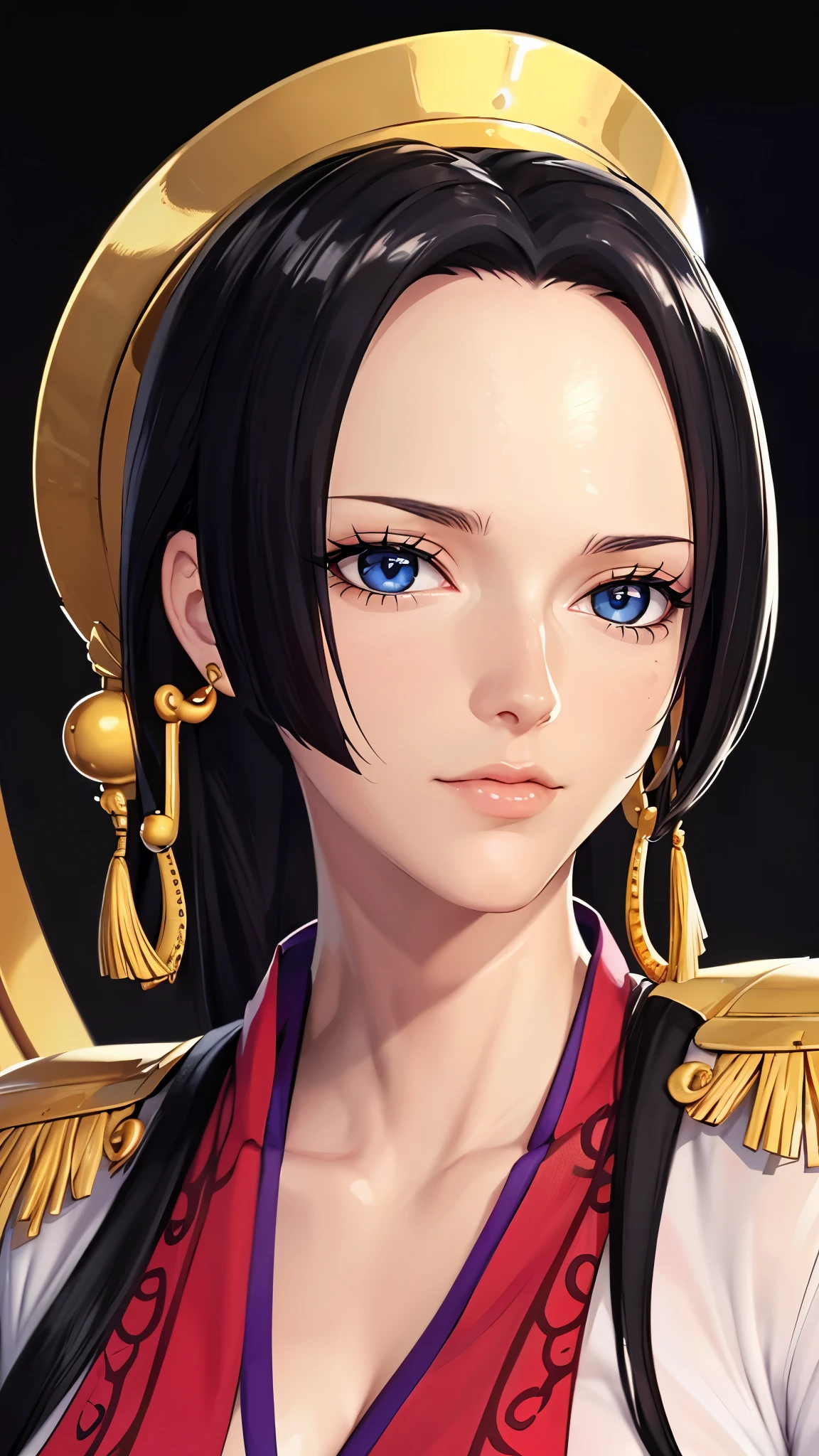 （（（完美figure，figure，Red chinese dress, （（（boa hancock，Dark long hair, combed with a chiffon hairstyle, slightly wide forehead smooth and flat, deep blue eyes, slender and delicate corners of the eyes, almond eyes exuding a hint of coldness, nose bridge high and straight, nose small and delicate, lips soft without any wrinkles. Wearing a pair of snake shaped golden earrings under the ears）））((masterpiece)),high resolution, ((Best quality at best))，masterpiece，quality，Best quality，（（（ Exquisite facial features，looking at the audience,There is light in the eyes，Happy，lol））），型figure:1.7））），（（（Interlacing of light and shadow，huge boobs））），（（（looking into camera，black background）））