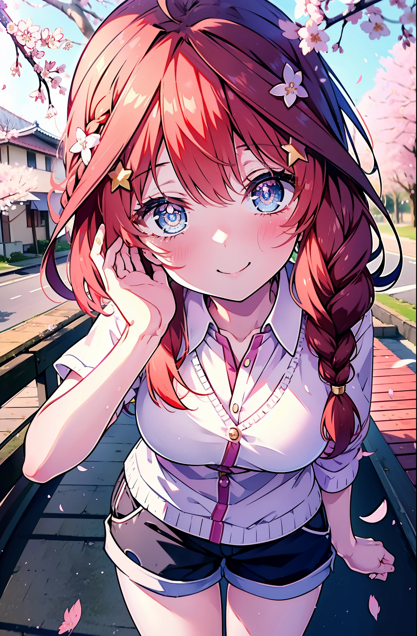 itsukinakano, itsuki nakano, bangs, blue eyes, hair between eyes, Ahoge, redhead, star \(symbol\), hair ornaments, star hair ornaments,short braided hair,happy smile, smile, open your mouth,happy smile, smile, open your mouth,plaid shirt,shorts,Black high top sneakers,cherry blossoms are blooming,Cherry blossoms are scattered,Cherry blossom tree-lined path,walking,
break outdoors, 公園
break looking at viewer, (cowboy shot:1.5),
break (masterpiece:1.2), highest quality, High resolution, unity 8k wallpaper, (figure:0.8), (detailed and beautiful eyes:1.6), highly detailed face, perfect lighting, Very detailed CG, (perfect hands, perfect anatomy),