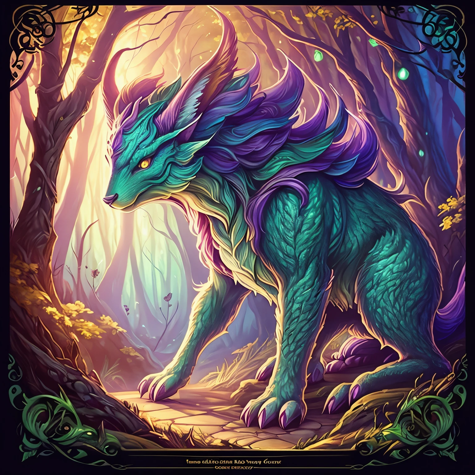 A fantasy style digital painting of a magical forest creature, magic the gathering style, highly detailed, digital painting, artstation, concept art, smooth, illustration, detailed illustration, pastel tetradic colors, magic the gathering, hearthstone, fantasy art, oil painting effect, hand-drawn, digital painting, soft lighting, isometric style, trading card game aesthetic, no close-ups, Center frame, (full head and body in frame), full body in frame,