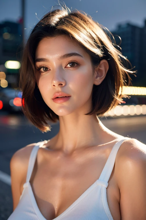 8k, masterpiece, RAW photo, best quality, photorealistic, extremely detailed CG unity 8k wallpaper, Depth of field, Cinematic Light, Lens Flare, Ray tracing, (extremely beautiful face, beautiful lips, beautiful eyes), intricate detail face, ((ultra detailed skin)) 1girl (highest resolution, distinct_image) best quality, 1girl, Tokyo street,night, cityscape,city lights, upper body, cleavage 8k, RAW photo, best quality, masterpiece,realistic, photo-realistic, medium shot, half body, short hair