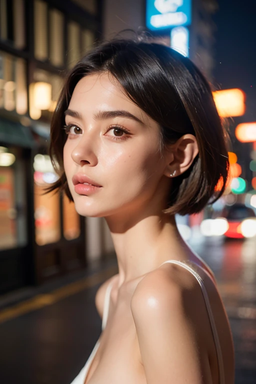 8k, masterpiece, RAW photo, best quality, photorealistic, extremely detailed CG unity 8k wallpaper, Depth of field, Cinematic Light, Lens Flare, Ray tracing, (extremely beautiful face, beautiful lips, beautiful eyes), intricate detail face, ((ultra detailed skin)) 1girl (highest resolution, distinct_image) best quality, 1girl, Tokyo street,night, cityscape,city lights, upper body, cleavage 8k, RAW photo, best quality, masterpiece,realistic, photo-realistic, medium shot, half body, short hair