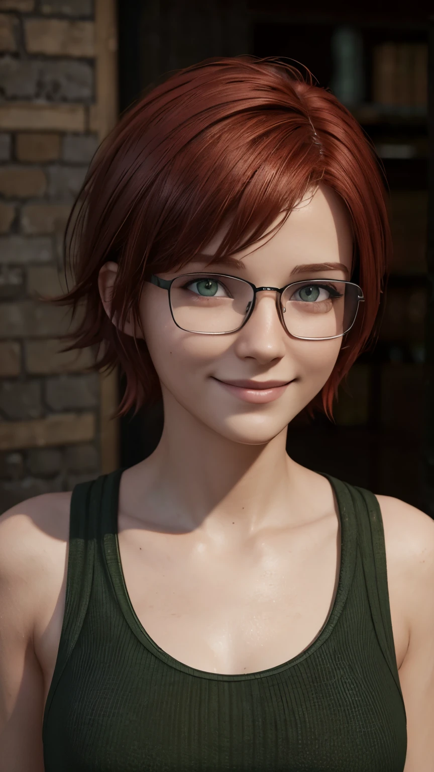 short, Red hair, green eyes, metal frame glasses, smile cute 15 years old. photorealism. unreal engine. 3D model. Ultra high quality textures. 8k resolution