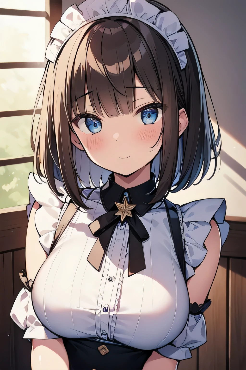 (best quality), (Super detailed), (Best Illustration), (detailed eyes), (1girl), upper body, look at viewer, (maid:1.2), (large breasts:1.2), curvy body, blush, brown hair, (bob cut), curly hair, hairs between eyes, twinkle(in the eyes), blue eyes, (indoor:1.3),