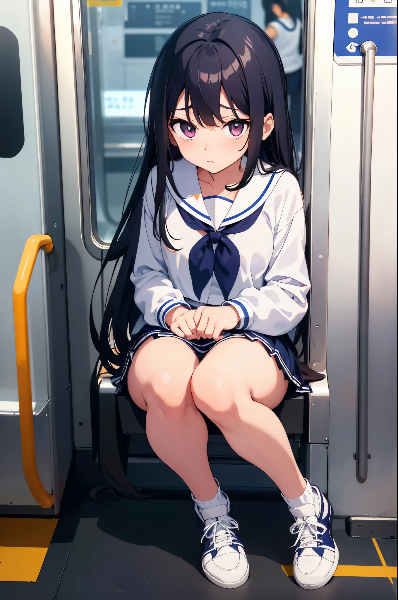 on the train　elementary school girl　8-year-old　flat chest　black hair　long hair　eyes are purple　（（1 person））　Upper half length sleeve white sailor uniform　Lower body navy blue miniskirt（（White panties are visible））　black socks　sneakers　Crouching in front of the train entrance　spread your legs a little　I can see white panties　dynamic angle　Low angle from the front