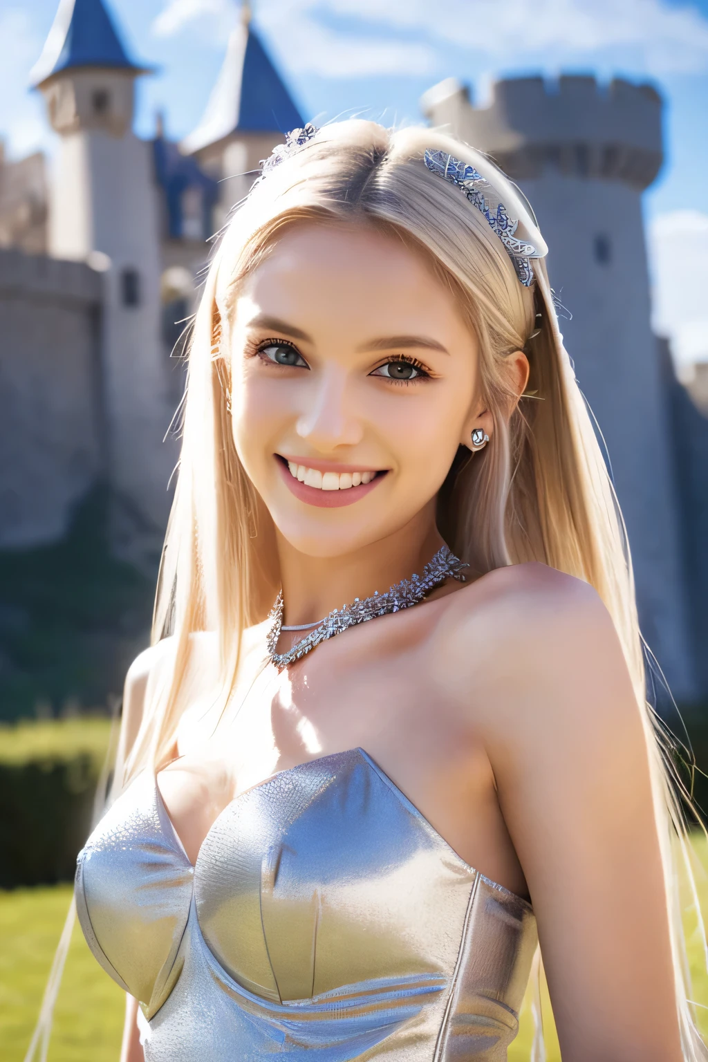 ８Ｋ、highest quality、female knight、The background is a castle、Luxurious Silver Armor、hairstyle short cut、smile、beautiful teeth、full body photo、ear piercing、blonde、white woman、blue eyes、The background is a cloudy sky、heavy makeup、mouth open

