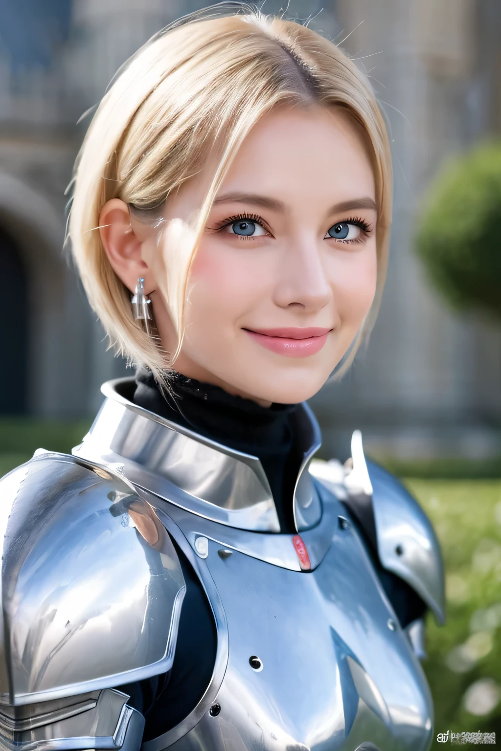 ８Ｋ、highest quality、female knight、The background is a castle、Luxurious Silver Armor、hairstyle short cut、smile、beautiful teeth、full body photo、ear piercing、blonde、white woman、blue eyes、The background is a cloudy sky、heavy makeup、mouth open

