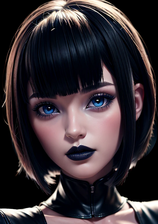 Solo face beautiful, blue eyes detailed , gothic makeup, dark lips voluminous , short hair with bangs  style bob, image 1.2 display high resolution 12k great supernatural beauty perfect detailed photography cgi , perfect lighting, wallpaper fanart Stunning girl 