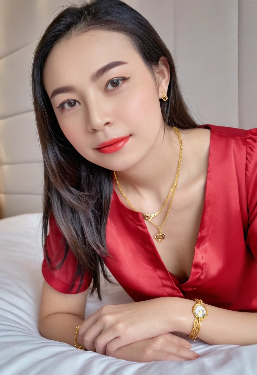 1 girl,8k, masterpiece,on bed, small gold necklace,red shirt,no name tag