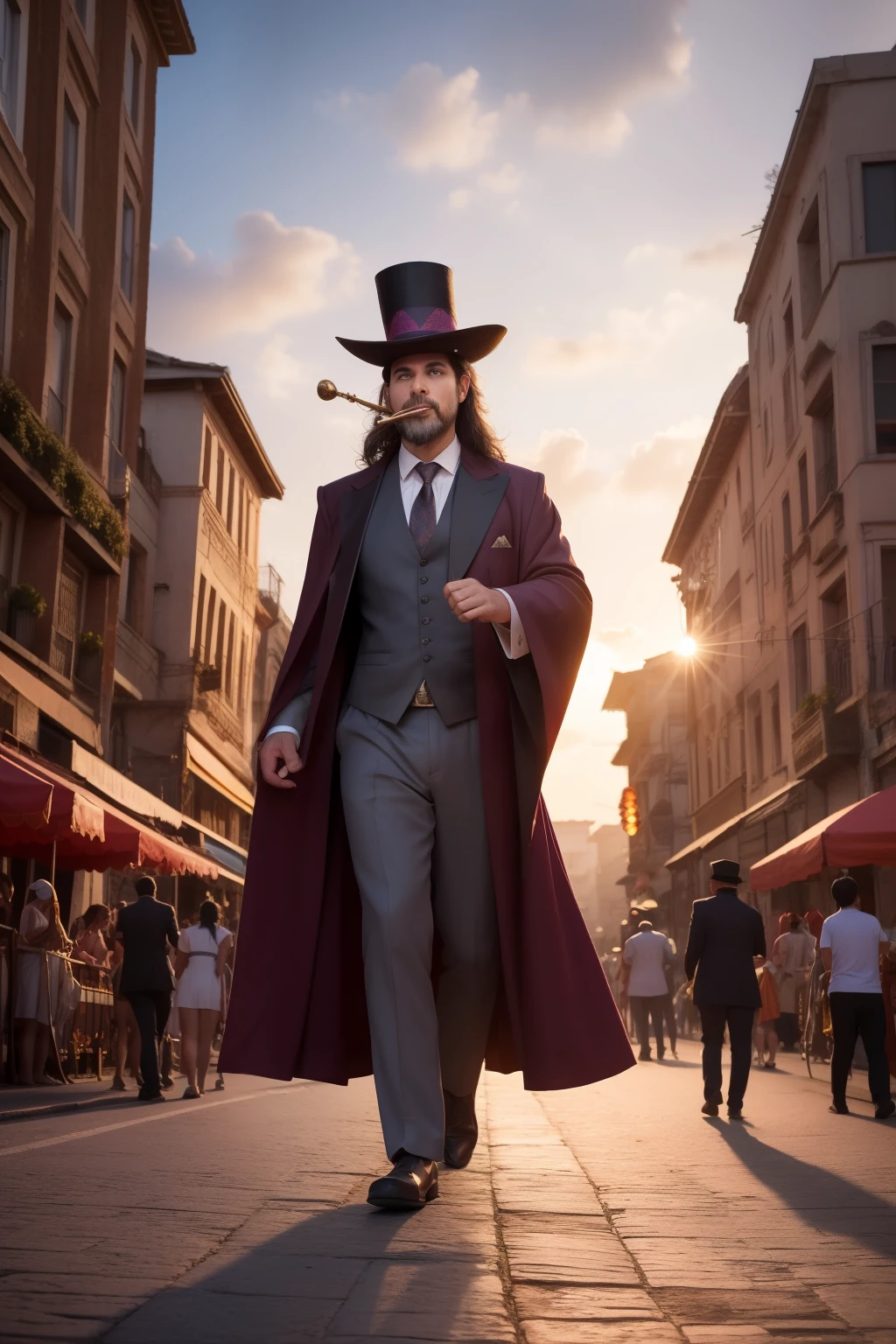 Create a captivating scene of an ancient city backdrop on a bustling road, where a whimsical, tall figure entertains the crowd. The magician, adorned with a quirky magician hat atop his head, plays the flute with a humorous expression, his long nose appearing even more elongated as he focuses intently on the music. His flowing robes billow in the wind, adding a mystical touch to his appearance. Surrounded by the hustle and bustle of the city, rats scamper about, seemingly intrigued by the magical melody emanating from the magician's flute. A sunset glow bathes the scene in