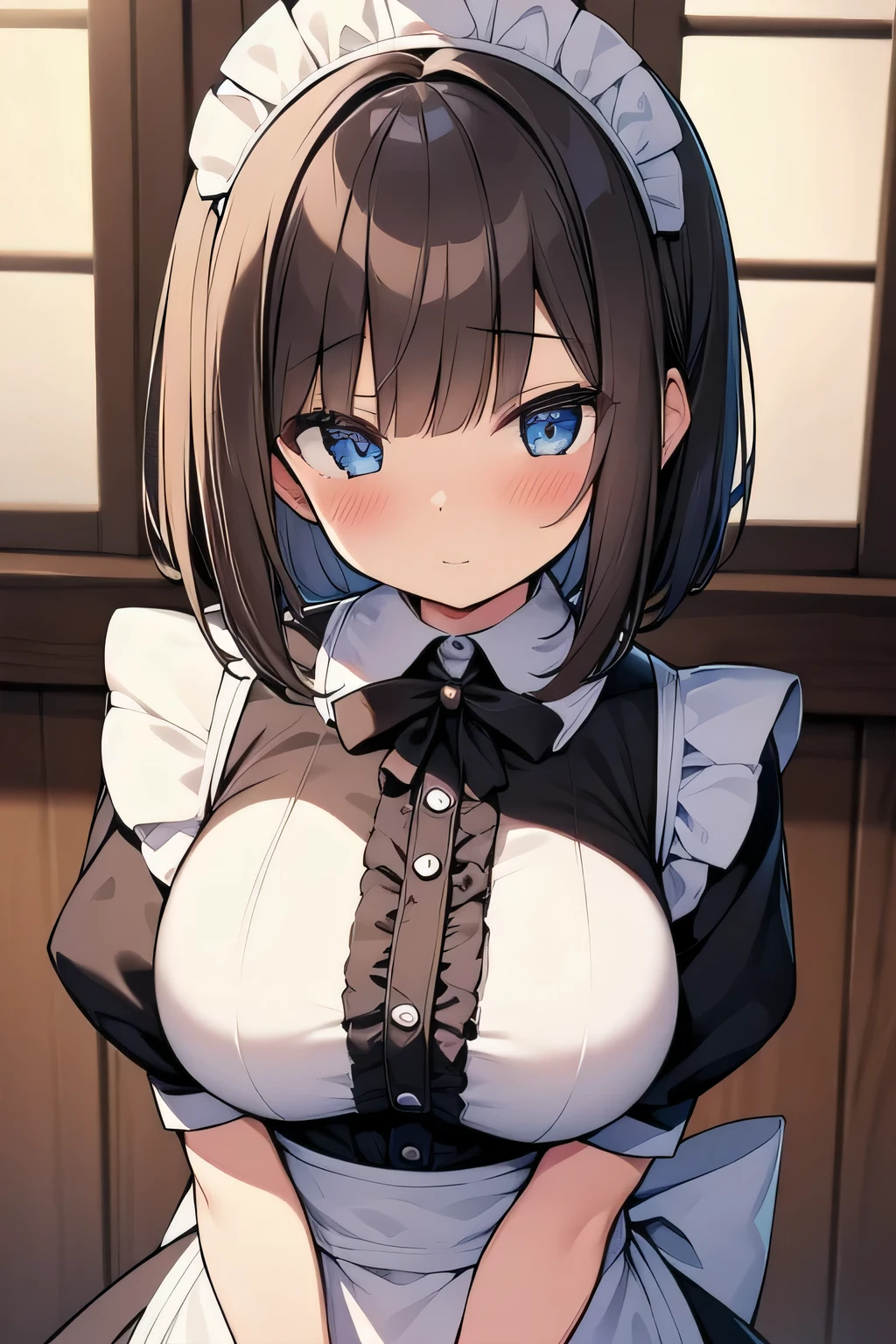 (best quality), (Super detailed), (Best Illustration), (detailed eyes), (1girl), upper body, look at viewer, (maid:1.2), (large breasts:1.2), curvy body, blush, brown hair, (bob cut), curly hair, hairs between eyes, twinkle(in the eyes), blue eyes, (indoor:1.3),