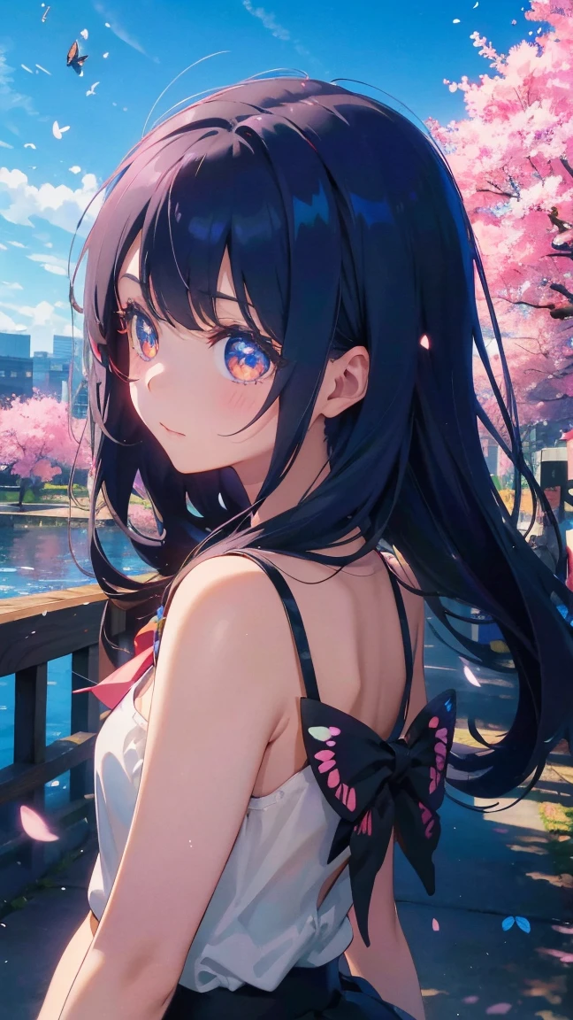 1 anime girl, alone,Black petals flutter, A mysteriously shining butterfly.city,bright hair,jewel eyes,thin legs,very clear,highest quality,close up of face,Many cherry blossoms dance in the sky,beautiful blue sky,School,Schoolの建物,standing in the middle,scenic center