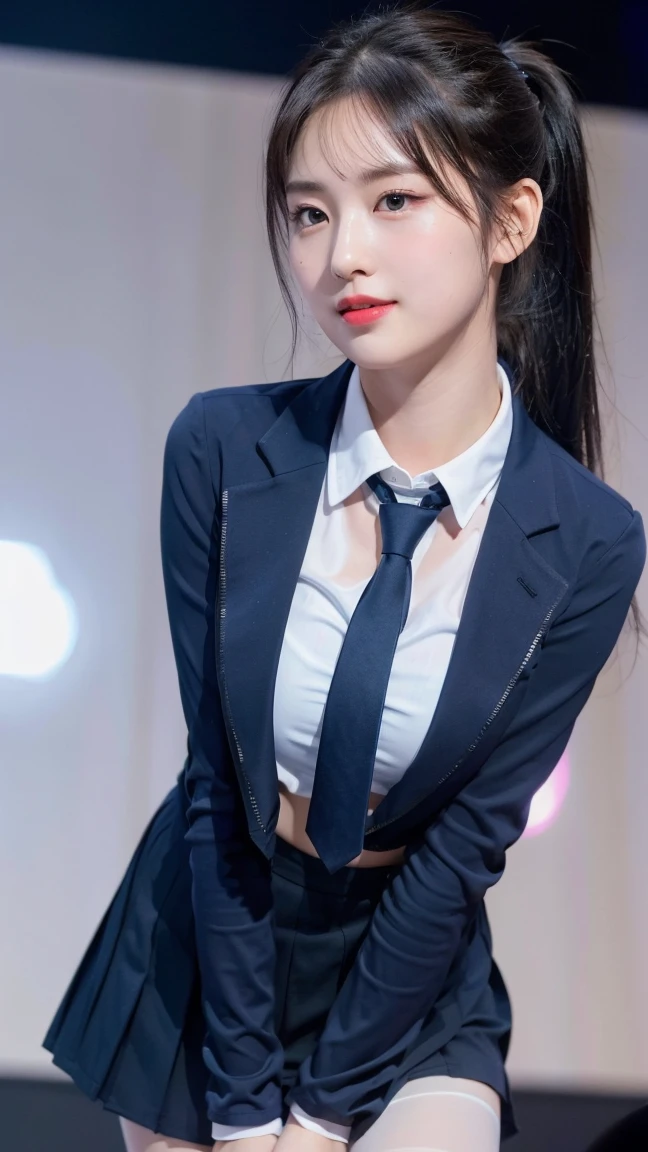 (8K), (highest quality: 1.2), (realistic), (realistic: 1.47), ultra high resolution, 1 girl, cute, smile, closed mouth, (thick lips:1.2),red lip,(Purse your mouth),beautiful details, beautiful nose,sweat on face,(Straight shiny black hair),(With a black ribbon on her head),(ponytail hair),Standing on the concert stage,hold the microphone in your right hand,Bend your elbows and raise your hands,(University Student Uniform,A simple navy blue blazer,white satin shirt,Tie Pleated Skirt,opaque tights:1.2),(Close up on wet thighs:1.2),(knees),(super low angle:1.2),(medium shot),