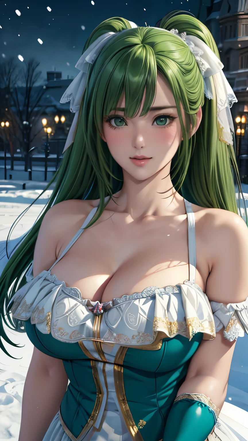 green eyes, (highest quality, masterpiece painting:1.3), immature woman, ************, (half body shot), masterpiece, ultra high resolution, (Photoreal:1.0), green hair, pigtails, straight hair, beautiful shining hair, white and shining skin, ((Ultra realistic details)), octane rendering, highly detailed face, (big breasts:0.8), She wears stunning costumes inspired by Belle Époque style, flowing gold dress decorated with lace and ribbons, (clothing: gold belle époque dress with lace and ribbons),cleavage, perfect body, soft skin, anime face, perfect face, perfect eyes, looking at the viewer, smart, snow scene, ((snow falling)), ((fantastic night)), ((outdoors)), sharp focus, intricate details, professional artwork, (bright colors:1.1), bright colors, diffused lighting, digital blending, ultra-definition body, ultra detail hair, super detailed face, that&#39;It&#39;s trending on pixiv, top button open, Cute gaze, compensate, perfect lips, perfect compensate, Ultra-precision coating,  (light_smile:0.8), (Very embarrassed:1.2), blush your nose,