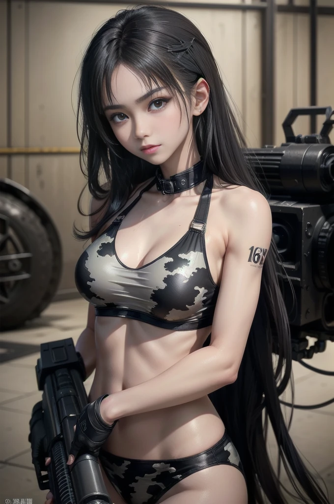 Ultra-realistic 16K,25 years old、7-Head Beauty、 realistic:1.4, skin texture:1.4, Top 1 ((Girl wearing grey and black colored digital camouflage bikini )),((gatling gun, shell casing)), looking at the viewer, bangs, ammunition belt, gloves,（beautiful middle breasts）、,firing,in the photo, Short, messy black hair、（A beautiful girl appears wearing a grey and black digital camouflage bikini），delicate face，wearing bikini metal，（stand on the ruins，Action of a woman holding a heavy sniper rifle in her hands）、（25 years old少尉のマークが入っている）、The skin is also dirty and sooty in places.、cle beige dress, army chain,warjet dslr camera background, f/2.8, 5D, 16K, super resolution . realistic style, Key Visual, lively,, usually means, realistic, （Grey and black digital camouflage, soldier, Striped camouflage makeup is applied to the face at a 45 degree angle., tough broad）、Very soft expression