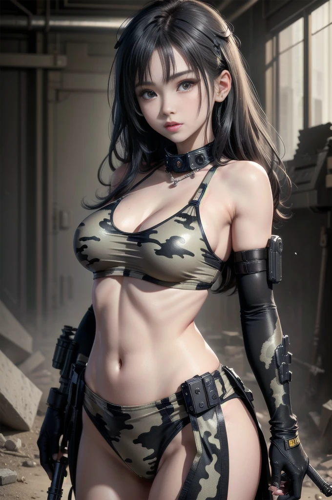 Ultra-realistic 16K,25 years old、7-Head Beauty、 realistic:1.4, skin texture:1.4, Top 1 ((Girl wearing grey and black colored digital camouflage bikini )),((gatling gun, shell casing)), looking at the viewer, bangs, ammunition belt, gloves,（beautiful middle breasts）、,firing,in the photo, Short, messy black hair、（A beautiful girl appears wearing a grey and black digital camouflage bikini），delicate face，wearing bikini metal，（stand on the ruins，Action of a woman holding a heavy sniper rifle in her hands）、（25 years old少尉のマークが入っている）、The skin is also dirty and sooty in places.、cle beige dress, army chain,warjet dslr camera background, f/2.8, 5D, 16K, super resolution . realistic style, Key Visual, lively,, usually means, realistic, （Grey and black digital camouflage, soldier, Striped camouflage makeup is applied to the face at a 45 degree angle., tough broad）、Very soft expression