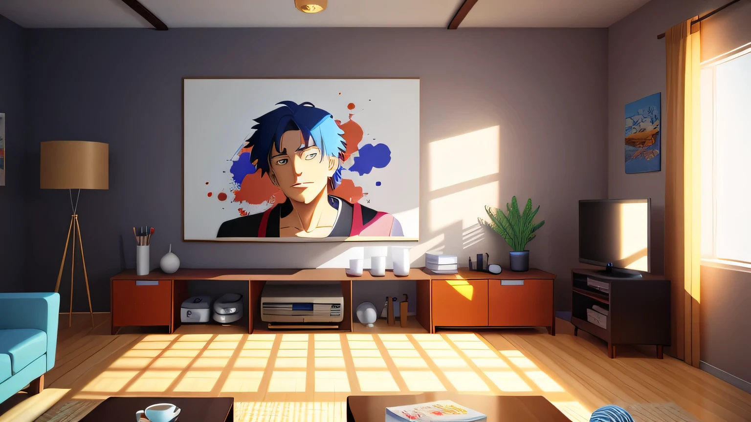 background, drawing, in this anime-style living room, warm and bright ambiance, Hanging clock, accentuated by the presence of a television casting blurred shadows of people, adding a mysterious and intriguing touch, Vibrant colors and abundant brightness bring a welcoming and lively atmosphere to the room, Concept Artistic animation scene, Studio Ghibli style