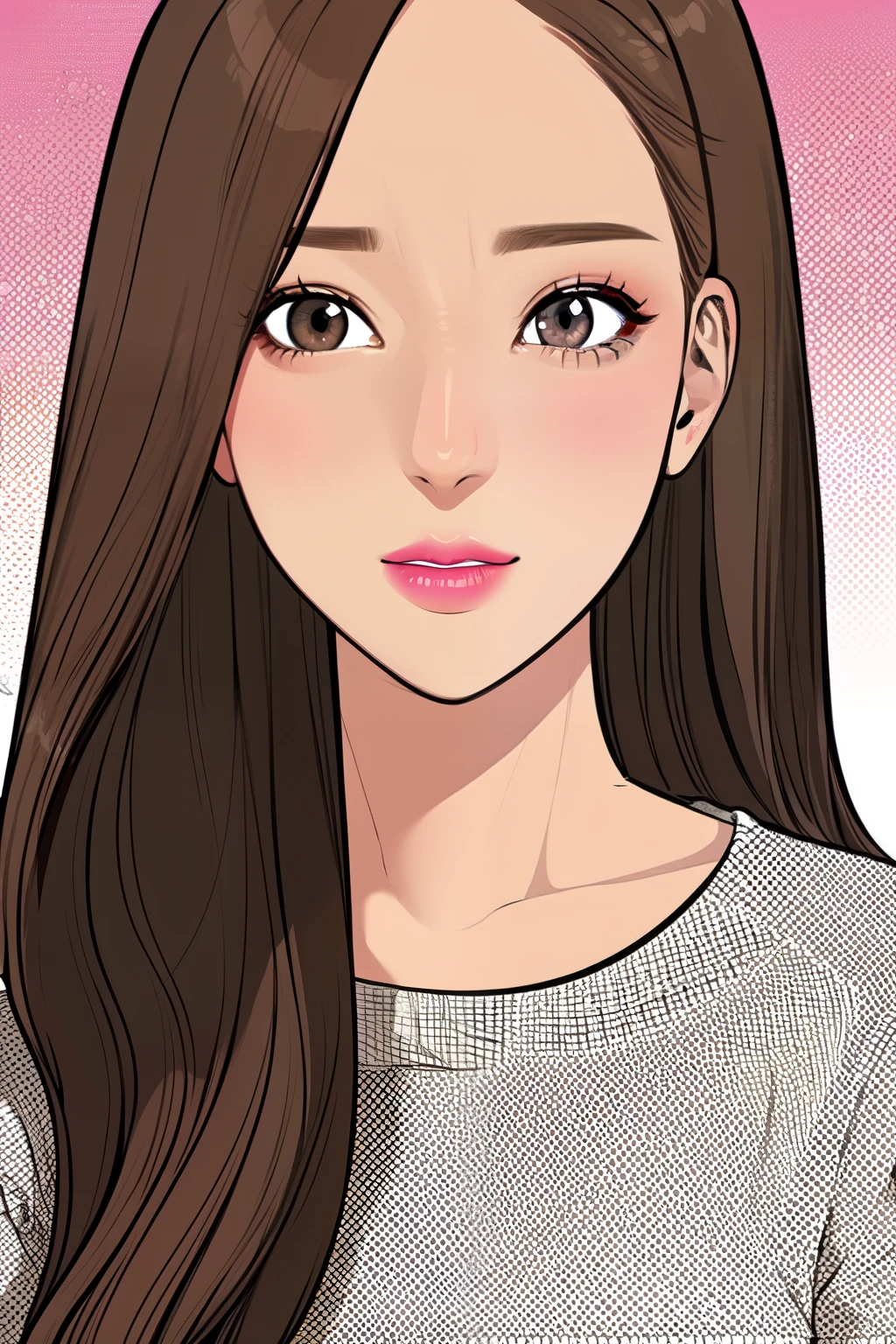 Girl, long brown hair, gray eyes, sharp features, white skin, pink lips, sweater