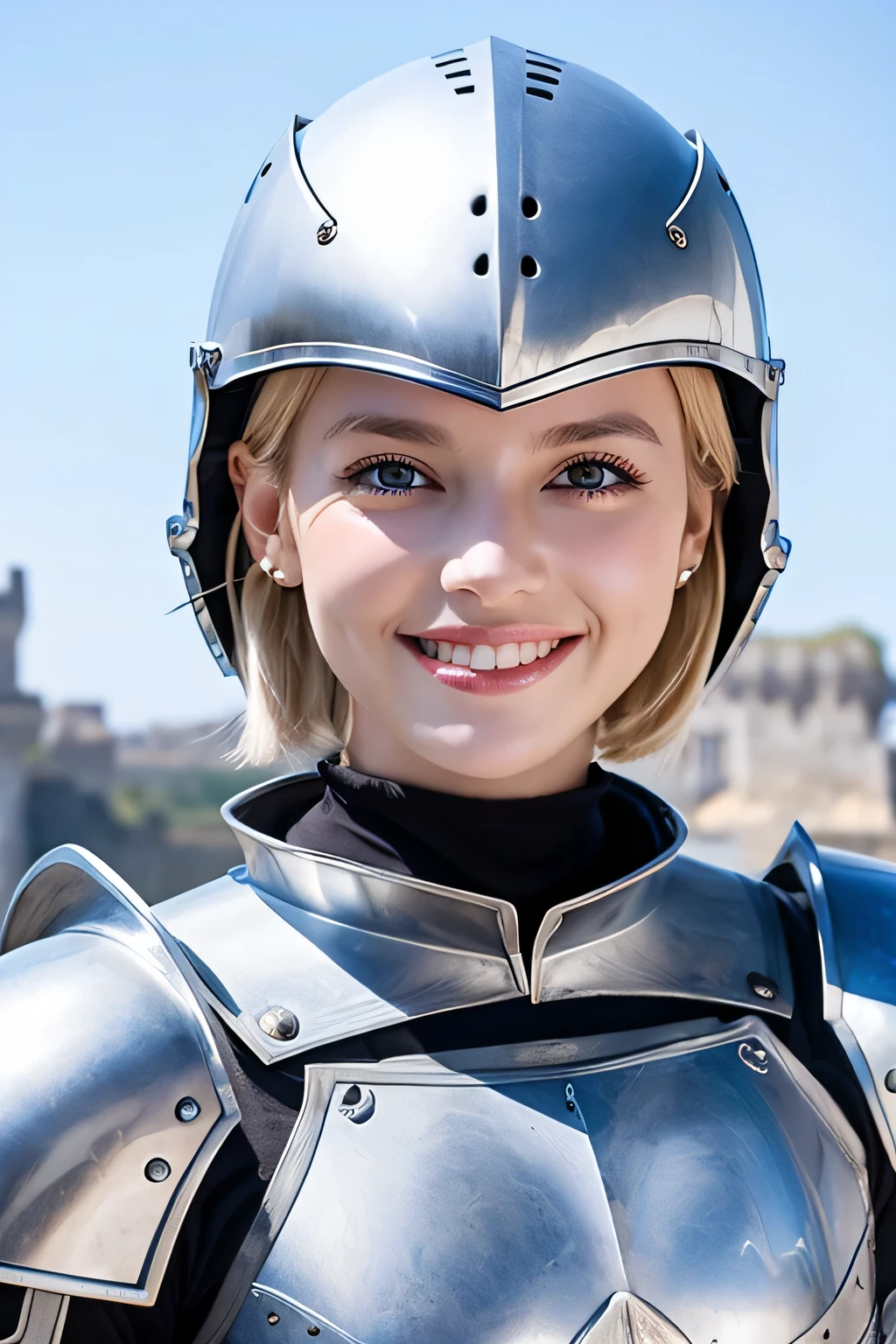 ８Ｋ、highest quality、female knight、The background is a castle、Luxurious Silver Armor、hairstyle short cut、smile、beautiful teeth、full body photo、ear piercing、blonde、white woman、blue eyes、heavy makeup、Knight helmet covering the head

