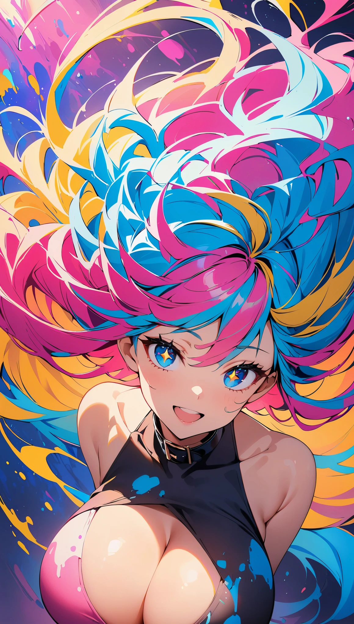 (high quality, 8k, 4k, high contrast, masterpiece:1.2, best quality, best aesthetics), (dynamic angle), ((floating, paint)), alone,1 female, ((big_chest)), (((detailed face))), ((beautiful and detailed face)), collar, bare shoulders, silver hair, Colorful cropped tops, ((colorful hair)), ((striped hair)), (messy hair, long hair), detailed and beautiful eyes, (star-shaped pupil, +_+, pupil in the shape of a symbol, sparkling eyes), (open your mouth, smile), (((colorful background, ink splash:1.2))), (high color saturation), Surrounded by colorful splashes:1.3, surrounded by colorful dots, colorful bubble, shining,