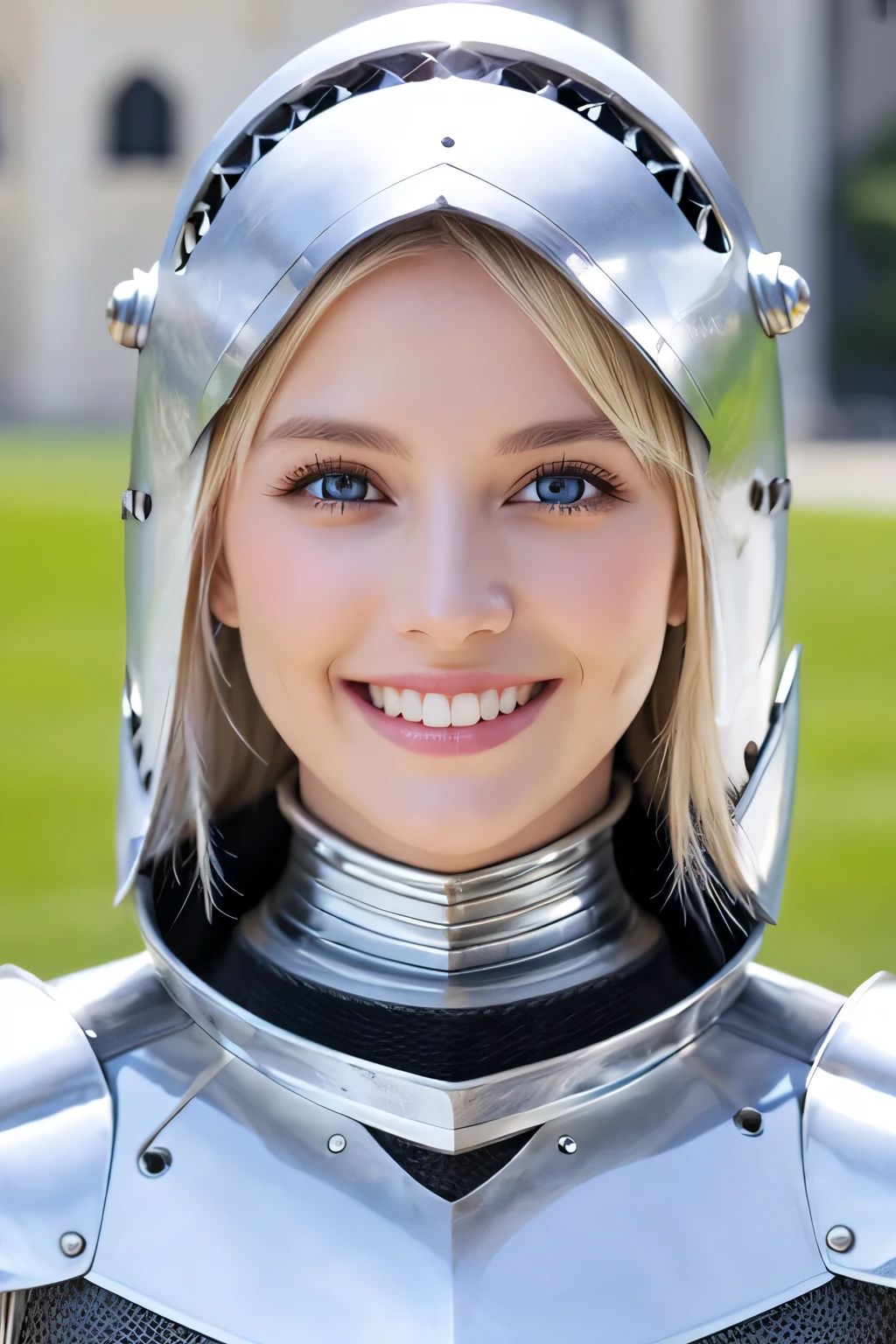 ８Ｋ、highest quality、female knight、The background is a castle、Luxurious Silver Armor、hairstyle short cut、smile、beautiful teeth、full body photo、ear piercing、blonde、white woman、blue eyes、heavy makeup、Knight helmet covering the head

