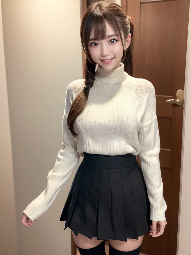 Super high quality, super high definition, super detailed, masterpiece, 20 years old, female, cute, nice body, perfect face, beautiful, white knit sweater, winter clothes, pleated skirt, red and black checked skirt, long skirt,necklace, bracelet, knee-high socks, boots, double eyelids, tear bags, fingers. Detailed, photo-like description, indoors, dim indoor lighting, blonde hair, pony tail,standing, whole body, composition that shows the whole body, smiling,