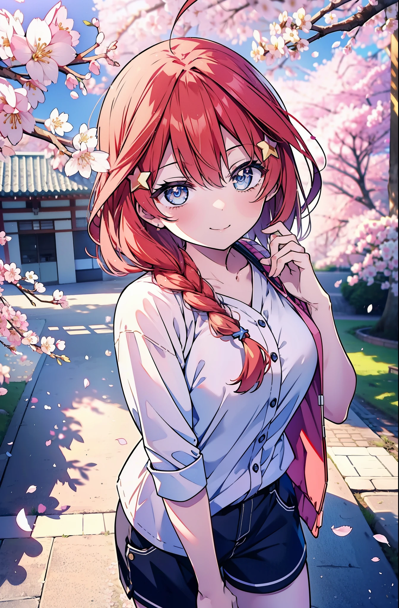 itsukinakano, itsuki nakano, bangs, blue eyes, hair between eyes, Ahoge, redhead, star \(symbol\), hair ornaments, star hair ornaments,short braided hair,happy smile, smile, open your mouth,happy smile, smile, open your mouth,Checkered shirt,shorts,Black high top sneakers,cherry blossoms are blooming,Cherry blossoms are scattered,Cherry blossom tree-lined path,walking,
break outdoors, 公園
break looking at viewer,whole body, (cowboy shot:1.5),
break (masterpiece:1.2), highest quality, High resolution, unity 8k wallpaper, (figure:0.8), (detailed and beautiful eyes:1.6), highly detailed face, perfect lighting, Very detailed CG, (perfect hands, perfect anatomy),