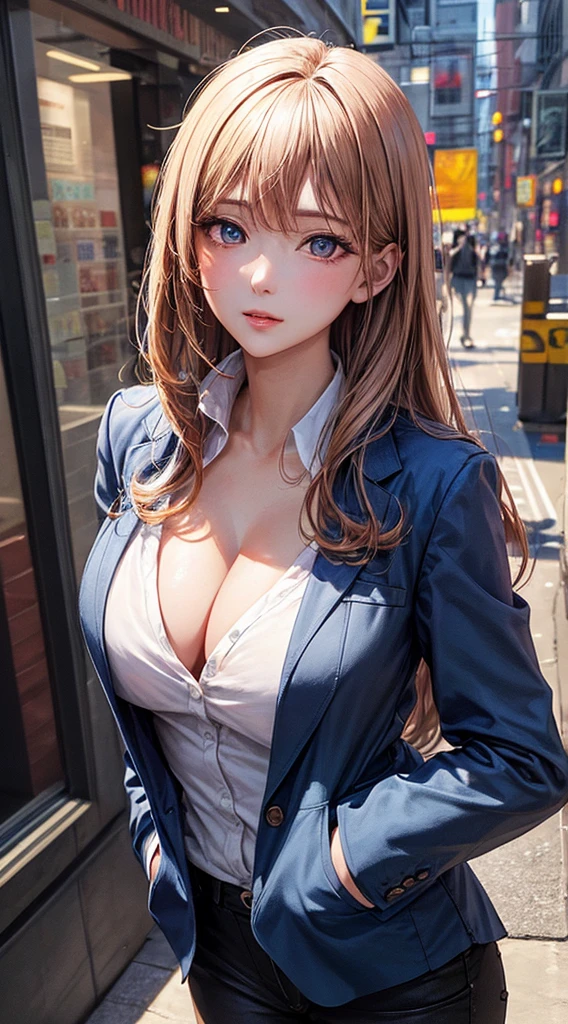 masutepiece, Best Quality, Illustration, Ultra-detailed, finely detail, hight resolution, 8K Wallpaper, Perfect dynamic composition, Beautiful detailed eyes,  Natural Lip,Blazer ,, cleavage, Full body,Put your hands in your pockets