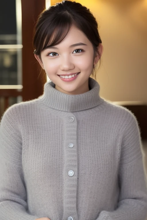 1 girl,(wearing a turtleneck sweater),(winter jacket),(flat chest:1.5)(Raw photo, highest quality), (realistic, photo-realistic:1.4), masterpiece, very delicate and beautiful, very detailed, 2k wallpaper, wonderful, finely, very detailed CG unity 8k wallpaper, Super detailed, High resolution, soft light, beautiful detailed girl, very detailed eyes and face, beautifully detailed nose, detailed and beautiful eyes,cinematic lighting,snow scene,ski resort,perfect anatomy,slender body,plump bust,smiling short hair