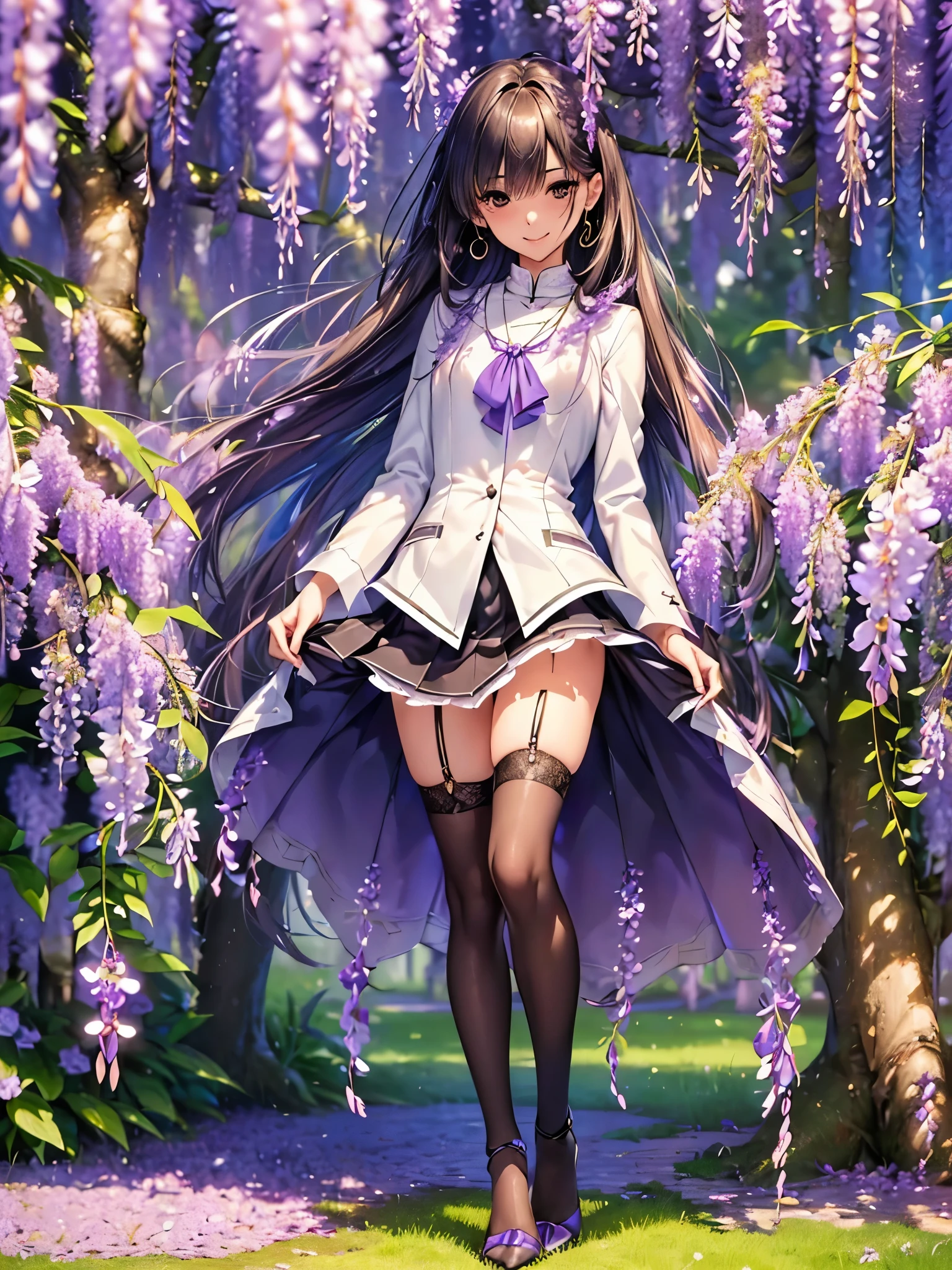 ((Biologically correct number of limbs))、(( from head to toe、Full body photo including face))、4K、((standing position))、masterpiece、((focus on the face))、((Symmetrical facial features))、Eyes with detailed description、Beautiful woman、outstanding style、beautiful arms、beautiful legs、beautiful hands、(small ass、thin thighs)、Detailed depiction of faces、small earrings、necklace、(uniform、skirt、high heels、stockings)、close up of face、A park with wisteria in full bloom、smile、